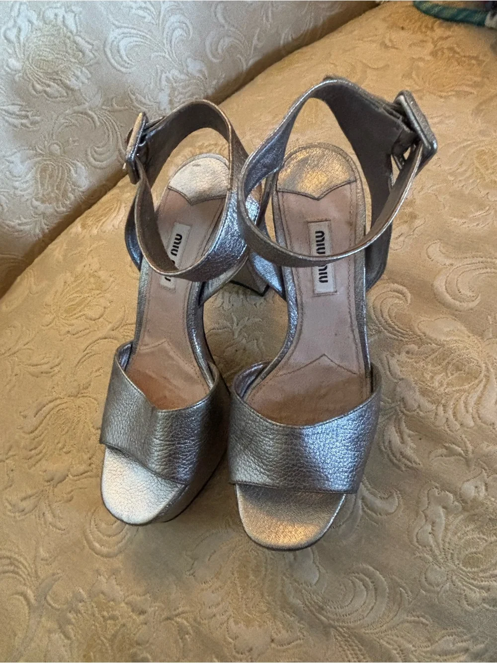Miu Miu Bronze Metallic Platform Sandal with Ankle Strap